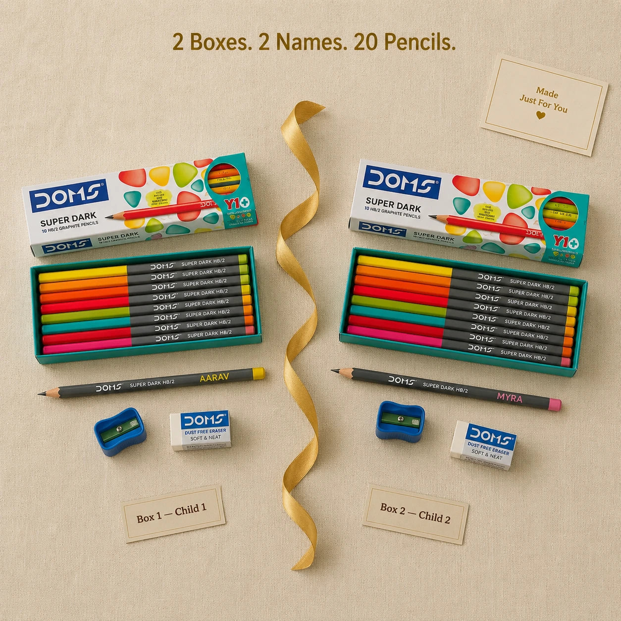 Personalized Pencils for 2 Kids — Siblings Pack (2 Boxes, 20 Pencils)